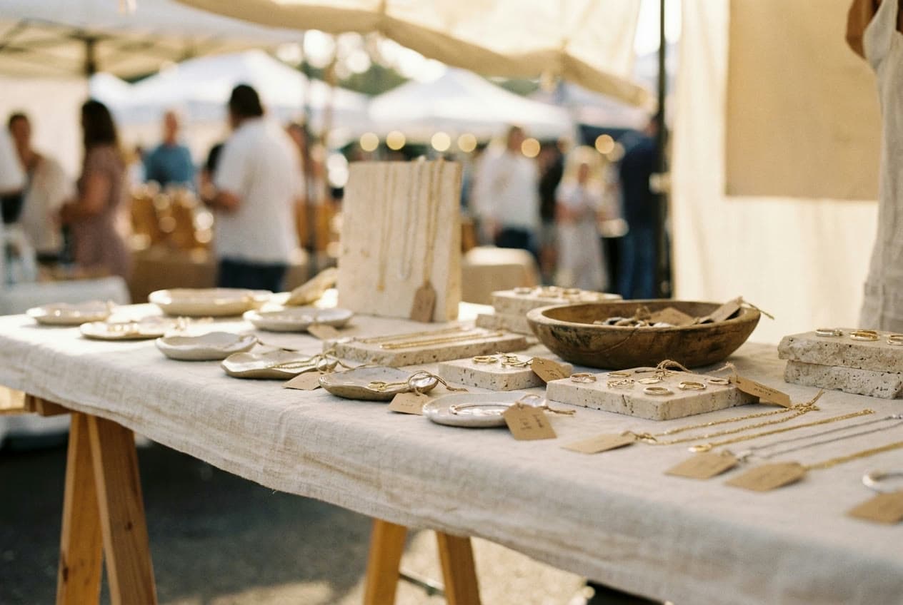 A jewellery stall at a market: handmade pieces on ceramic dishes with small kraft price tags