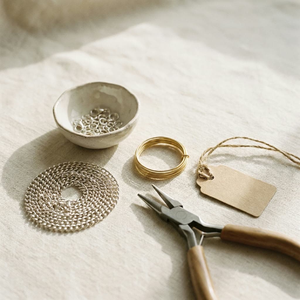 A coil of sterling silver chain, findings in a ceramic dish and a blank kraft label on cream linen