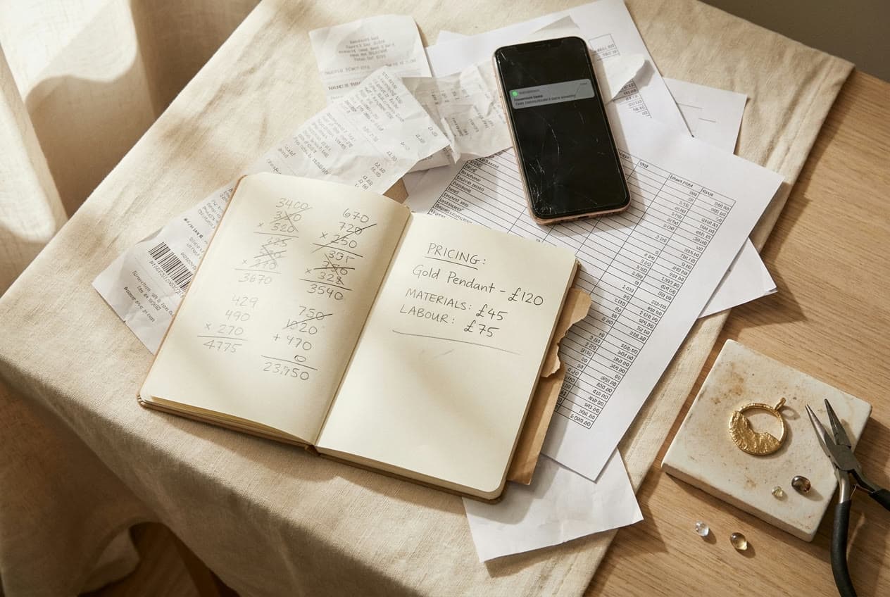 A workbench covered in the six places a jewellery business lives: a notebook of crossed-out pricing sums, receipts, a spreadsheet and a half-finished pendant