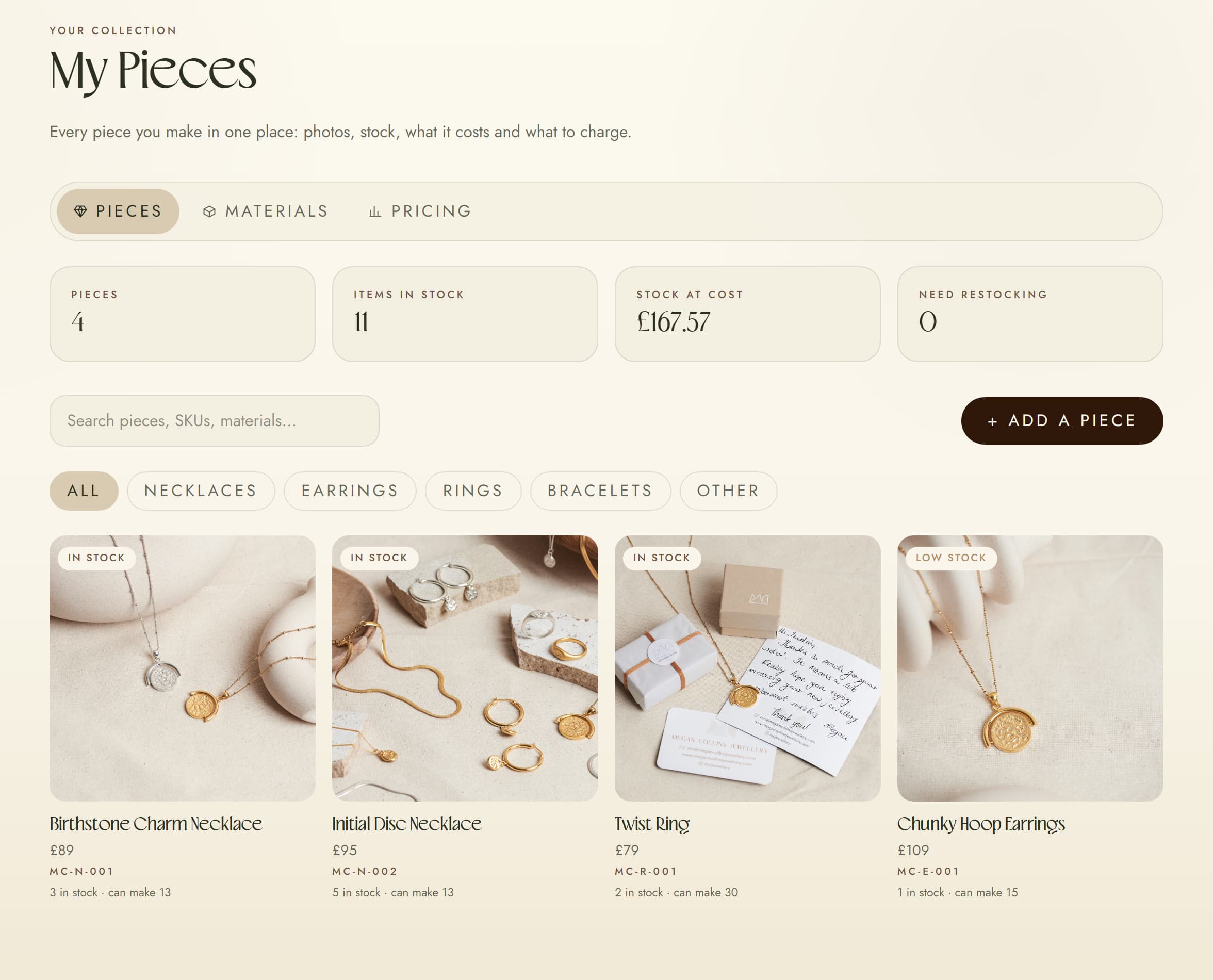 The Studio's My Pieces screen: a collection of pieces with photographs, stock counts, prices and a stock-at-cost total
